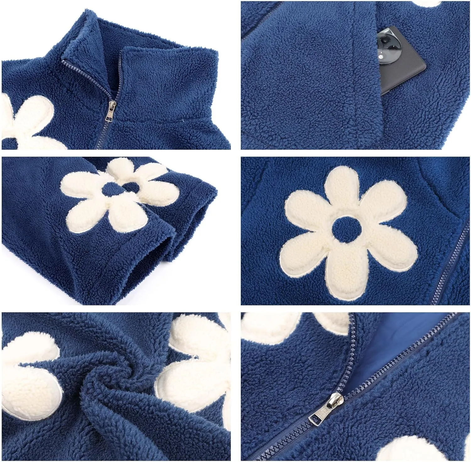 HOULENGS Women's Floral Print Sherpa Fleece Jackets Casual Long Sleeve Zipper Cropped Coat Winter Outwear with Pockets