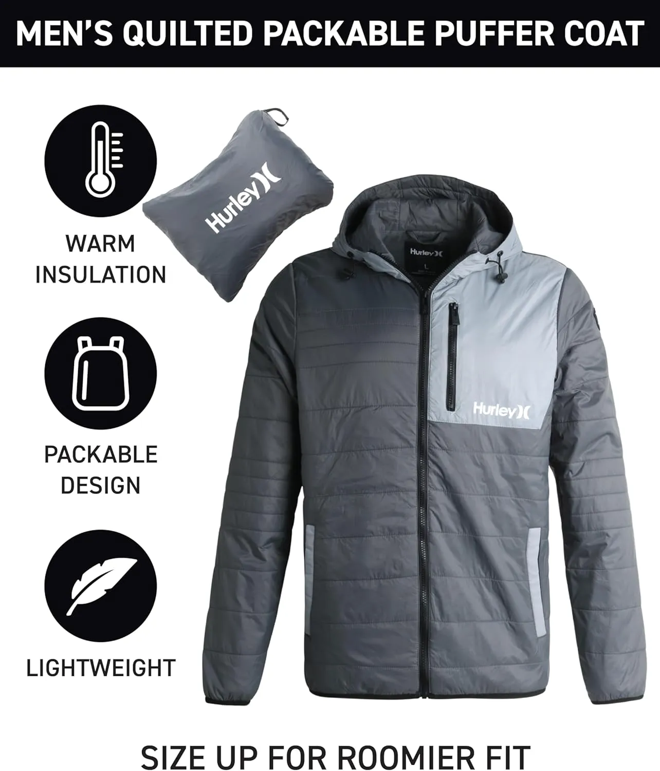 Hurley Men's Jacket - Balsam Lightweight Packable Puffer Coat - Weather Resistant Outerwear Windbreaker Coat for Men (M-XL)