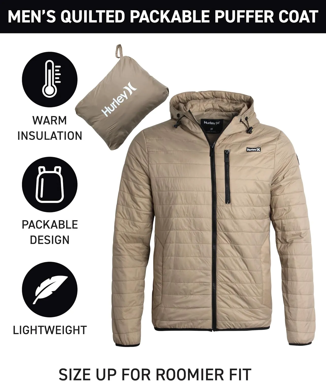 Hurley Men's Jacket - Balsam Lightweight Packable Puffer Coat - Weather Resistant Outerwear Windbreaker Coat for Men (M-XL)