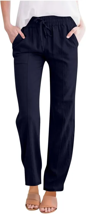 Hvyesh Womens Casual Linen Pants High Waist Drawstring Loose Fit Summer Pants Straight Leg Trousers with Pockets