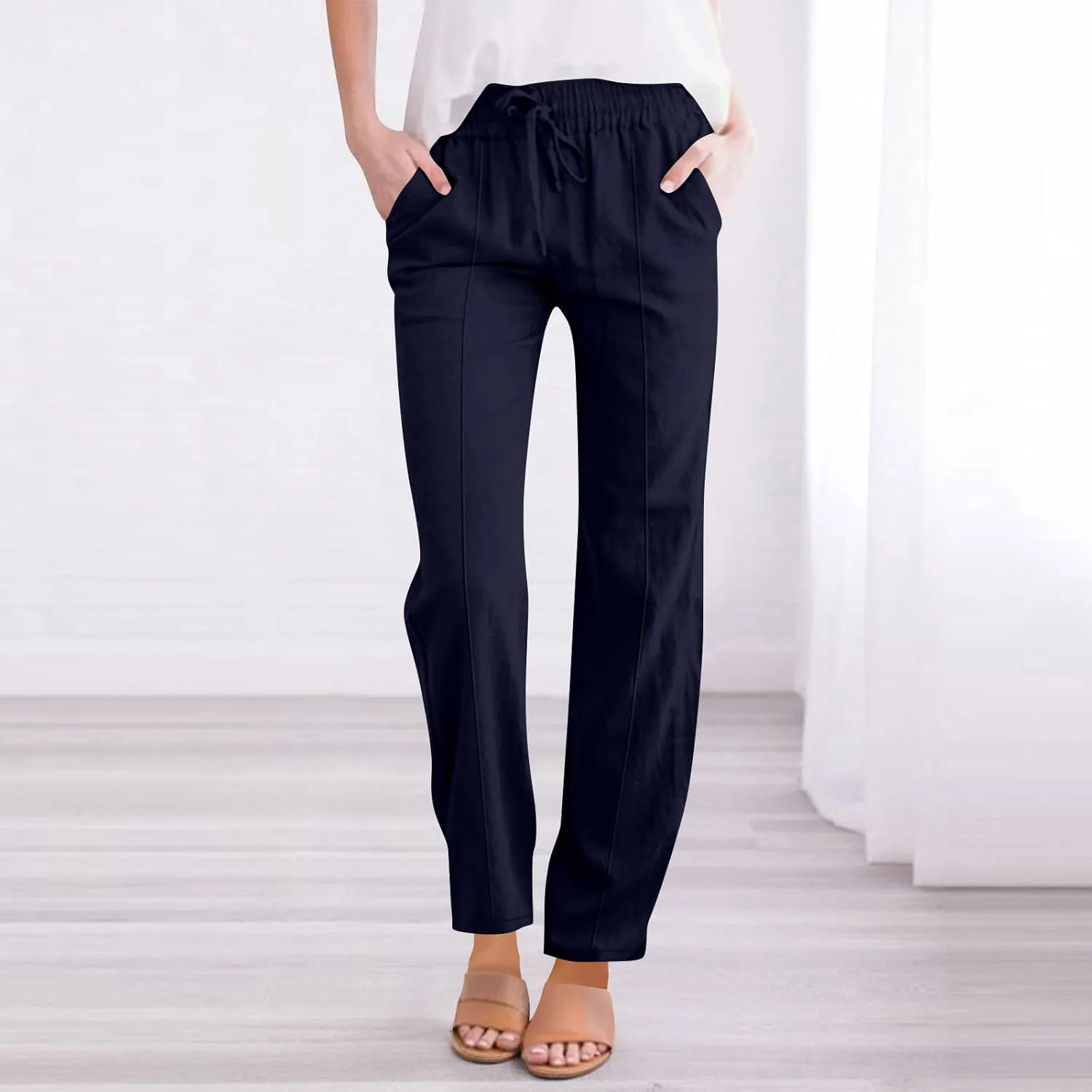 Hvyesh Womens Casual Linen Pants High Waist Drawstring Loose Fit Summer Pants Straight Leg Trousers with Pockets
