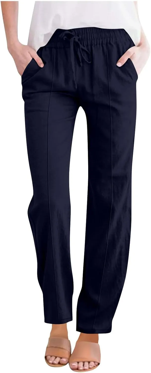 Hvyesh Womens Casual Linen Pants High Waist Drawstring Loose Fit Summer Pants Straight Leg Trousers with Pockets