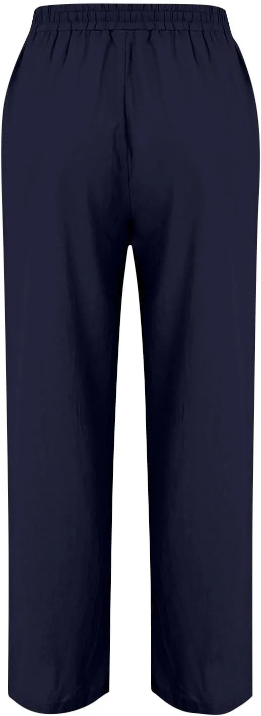 Hvyesh Womens Casual Linen Pants High Waist Drawstring Loose Fit Summer Pants Straight Leg Trousers with Pockets