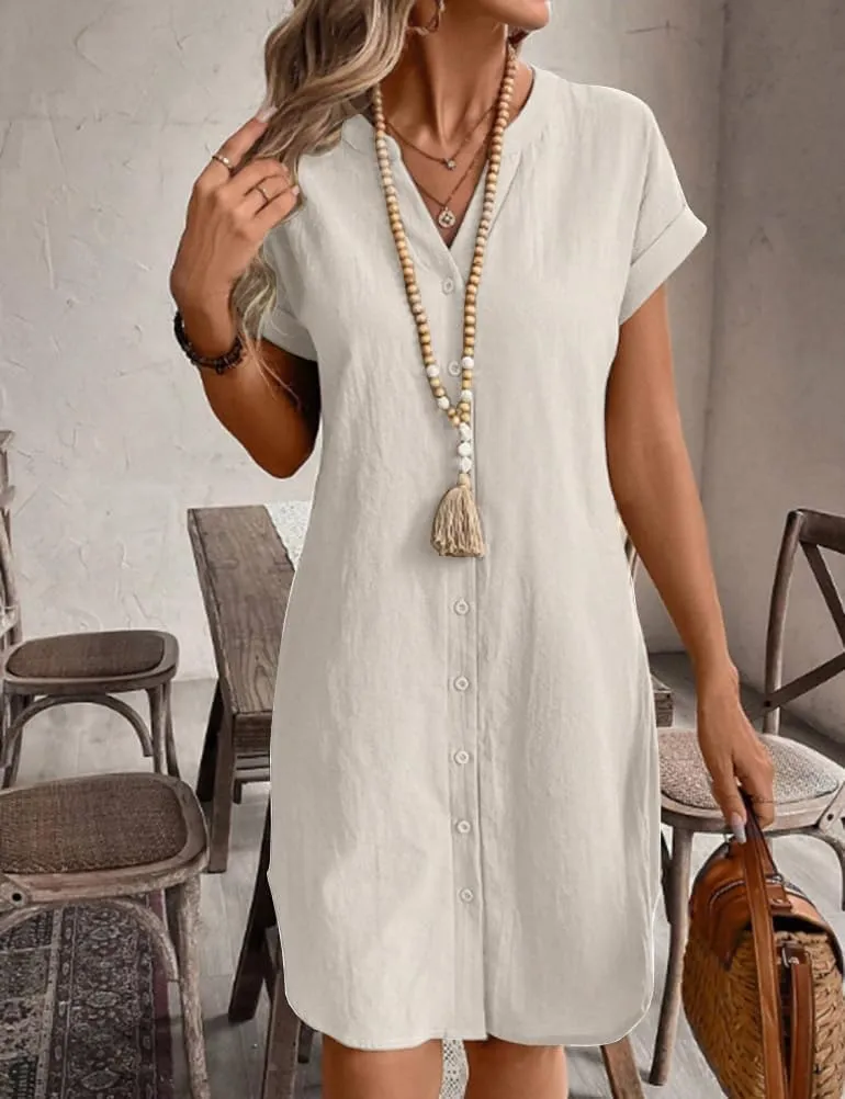 IDEALSANXUN Womens Linen Dress Spring Summer Casual Lightweight Cap Sleeve V Neck Midi Button Down Shirt Dresses