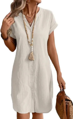 IDEALSANXUN Womens Linen Dress Spring Summer Casual Lightweight Cap Sleeve V Neck Midi Button Down Shirt Dresses