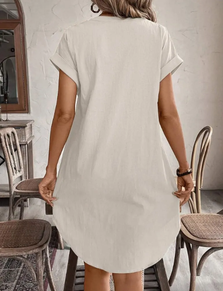 IDEALSANXUN Womens Linen Dress Spring Summer Casual Lightweight Cap Sleeve V Neck Midi Button Down Shirt Dresses