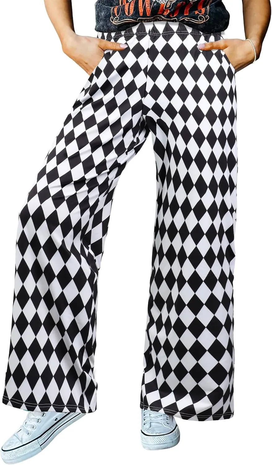 IWOLLENCE Women's Casual Loose Checkered Wide Leg Pants High Waist Straight Lounge Y2K Gingham Trousers Summer