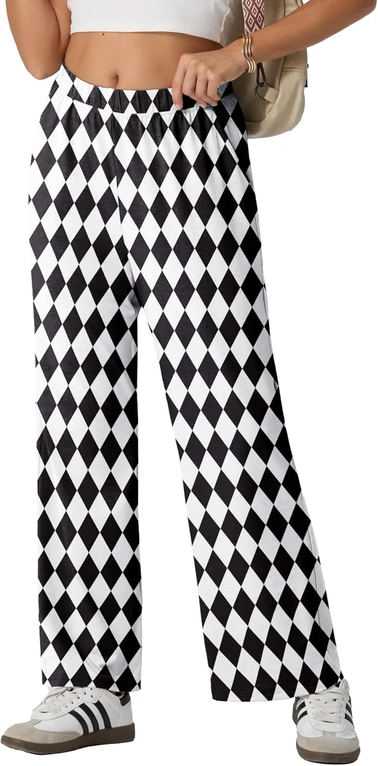 IWOLLENCE Women's Casual Loose Checkered Wide Leg Pants High Waist Straight Lounge Y2K Gingham Trousers Summer