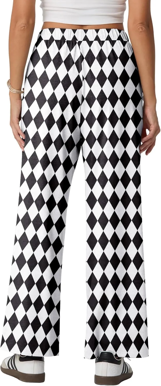 IWOLLENCE Women's Casual Loose Checkered Wide Leg Pants High Waist Straight Lounge Y2K Gingham Trousers Summer