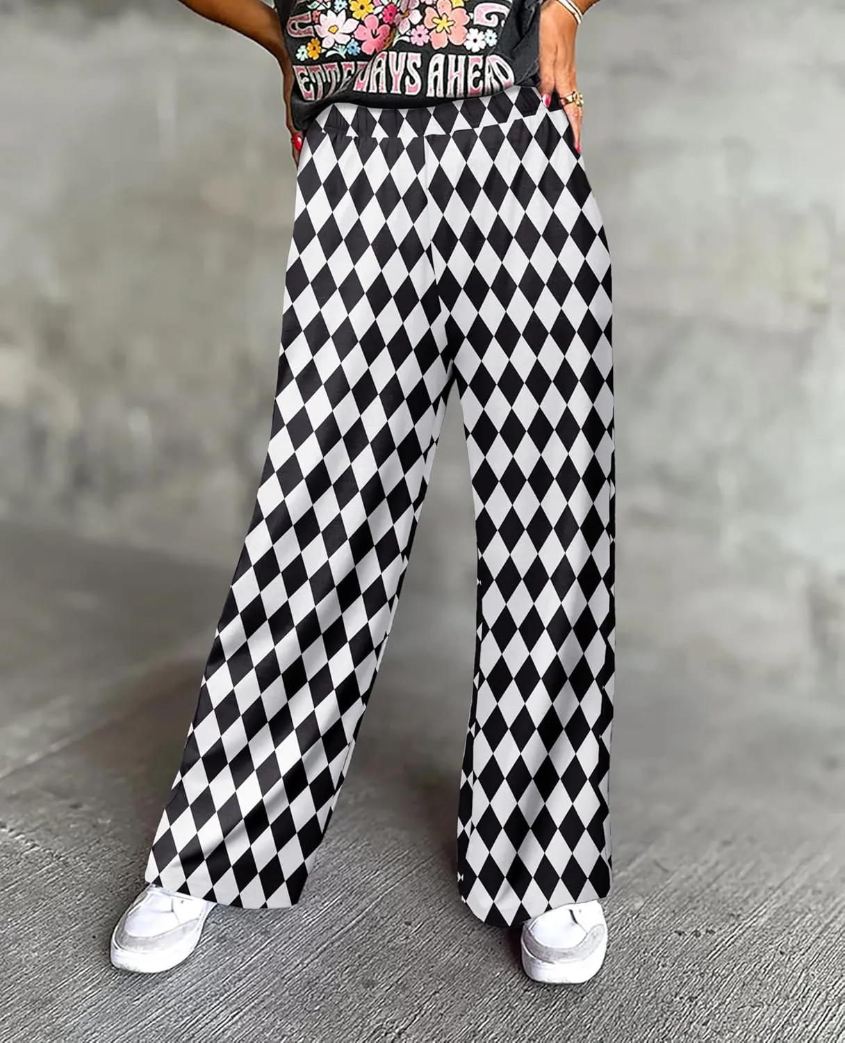 IWOLLENCE Women's Casual Loose Checkered Wide Leg Pants High Waist Straight Lounge Y2K Gingham Trousers Summer