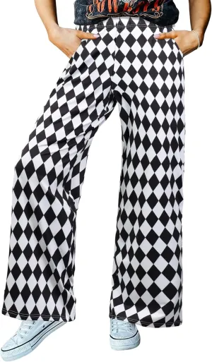 IWOLLENCE Women's Casual Loose Checkered Wide Leg Pants High Waist Straight Lounge Y2K Gingham Trousers Summer