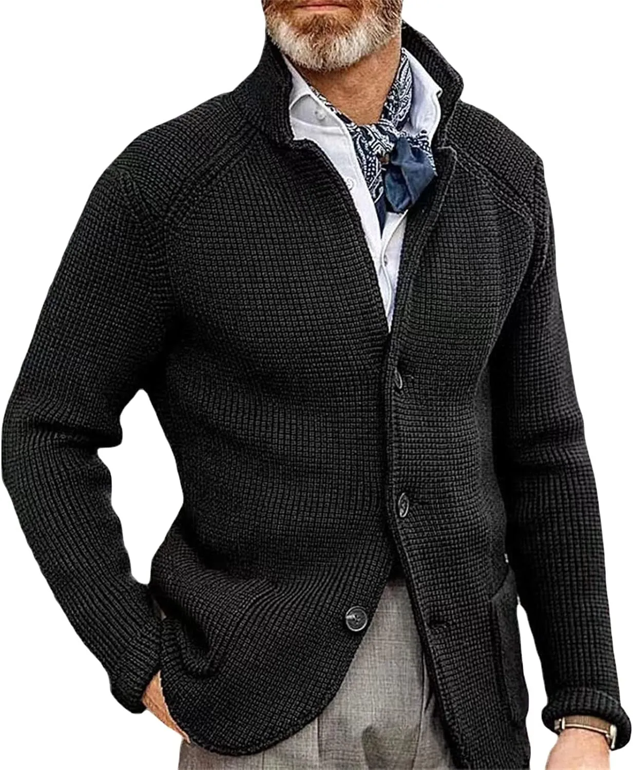 JEsilunmaMY Mens Solid Color Waffle Knit Cardigan Casual Button Up Pocket Blazer Jacket Fall Winter Slim Fit Sweater Coat