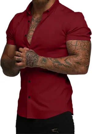 JMIERR Men's Muscle Fit Dress Shirts Summer Casual Button Down Short Sleeve High Stretch Wrinkle-Free Shirt