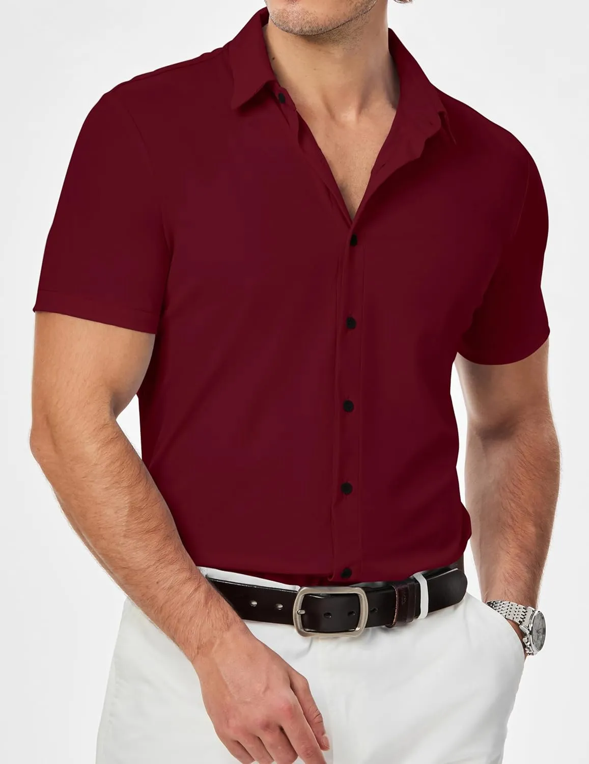 JMIERR Men's Muscle Fit Dress Shirts Summer Casual Button Down Short Sleeve High Stretch Wrinkle-Free Shirt
