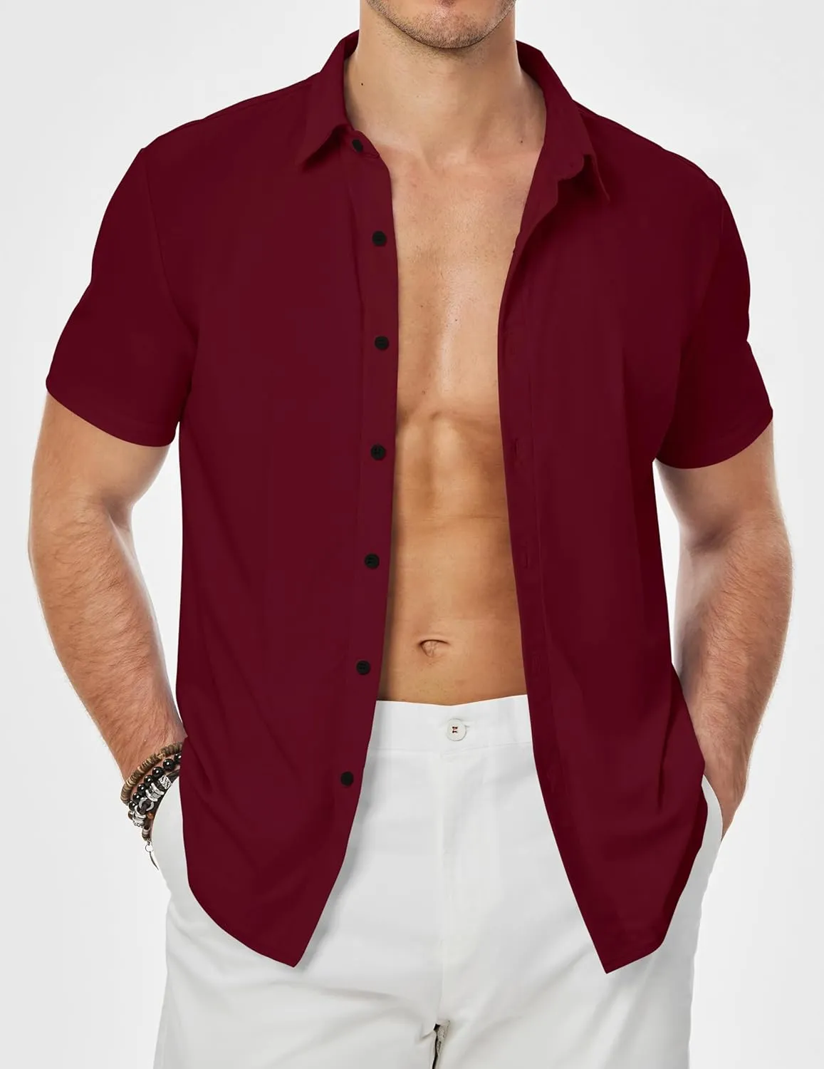 JMIERR Men's Muscle Fit Dress Shirts Summer Casual Button Down Short Sleeve High Stretch Wrinkle-Free Shirt