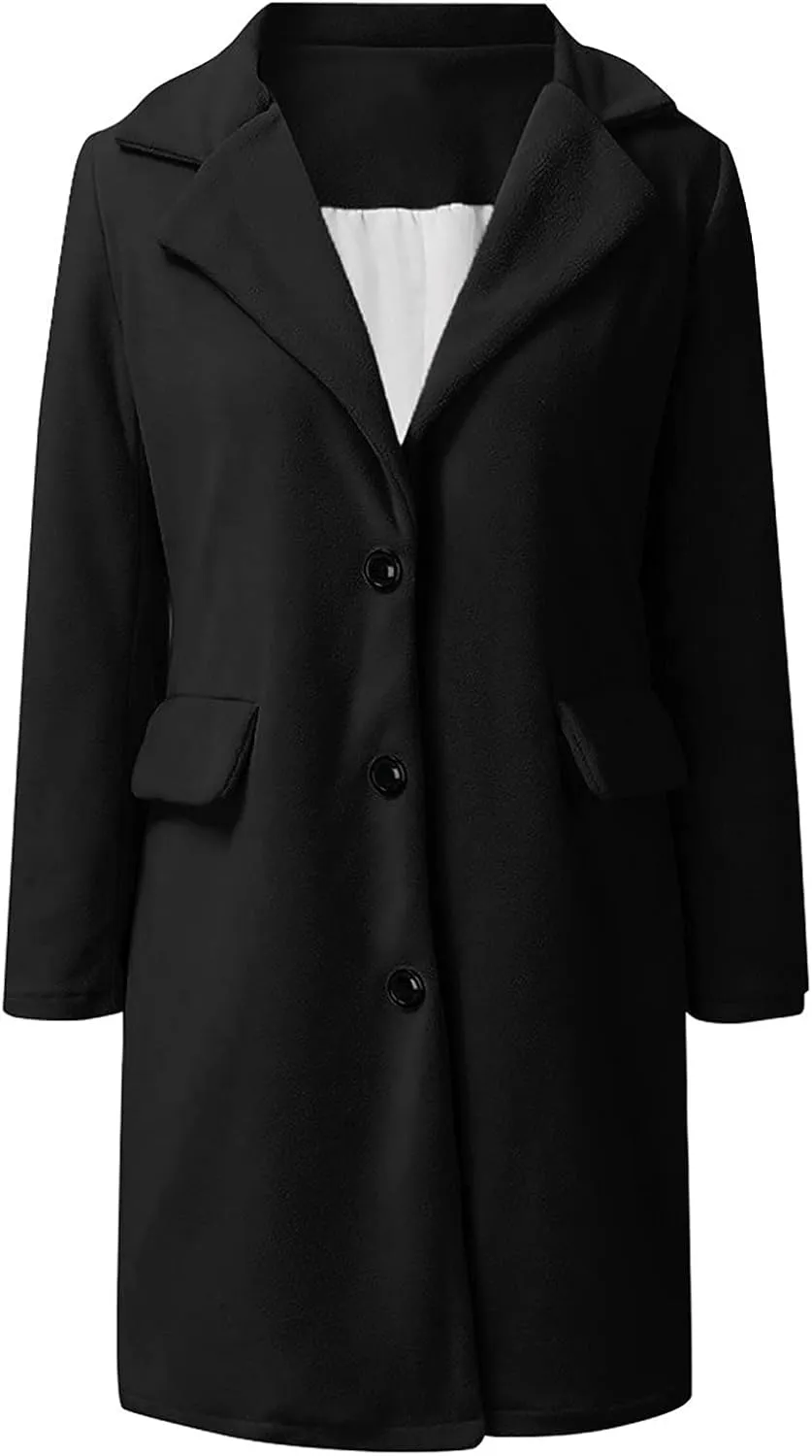 jsaierl Women's Peacoat Fall Winter Casual Notch Lapel Single Breasted Trench Coat Fashion Mid Long Pea Coat with Pocket 2024