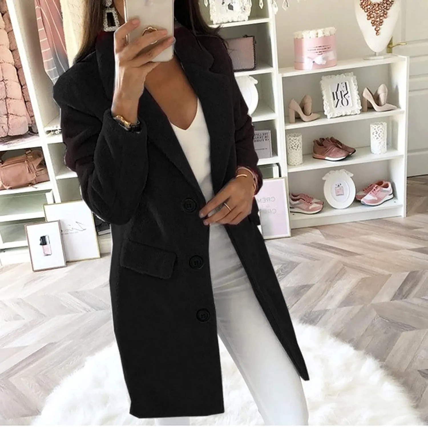 jsaierl Women's Peacoat Fall Winter Casual Notch Lapel Single Breasted Trench Coat Fashion Mid Long Pea Coat with Pocket 2024