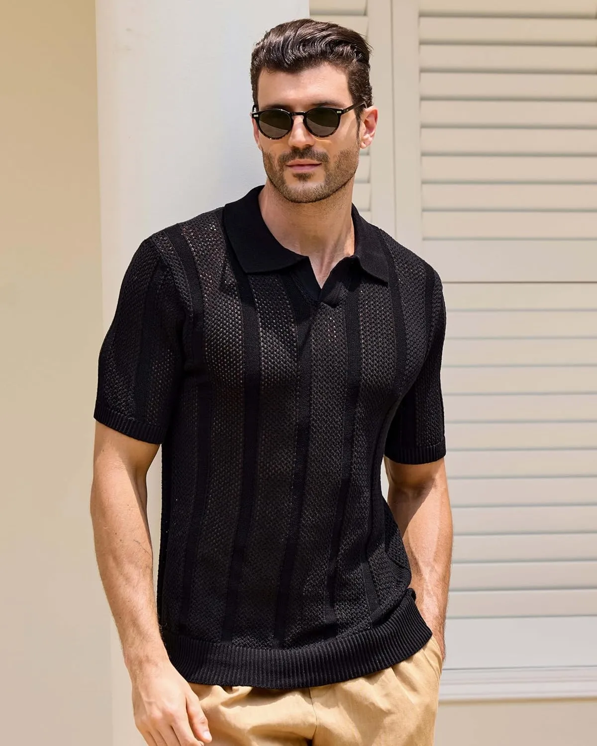 Kallspin Men's Knit Polo Shirt Casual Summer Beach Shirt Short Sleeve Textured Cotton Polo
