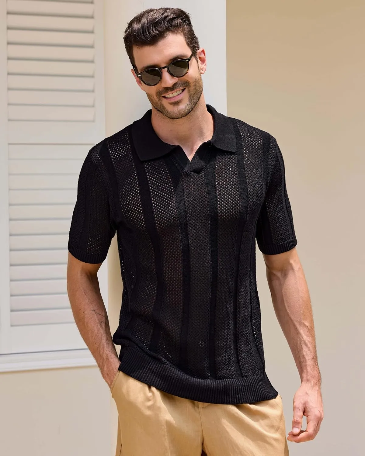 Kallspin Men's Knit Polo Shirt Casual Summer Beach Shirt Short Sleeve Textured Cotton Polo