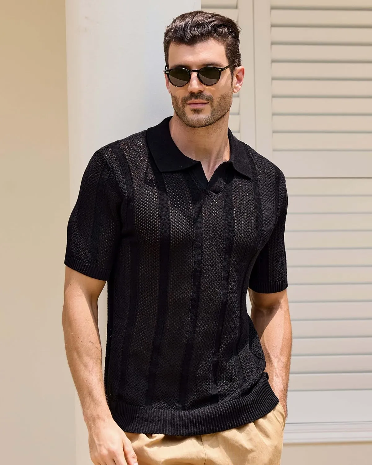 Kallspin Men's Knit Polo Shirt Casual Summer Beach Shirt Short Sleeve Textured Cotton Polo