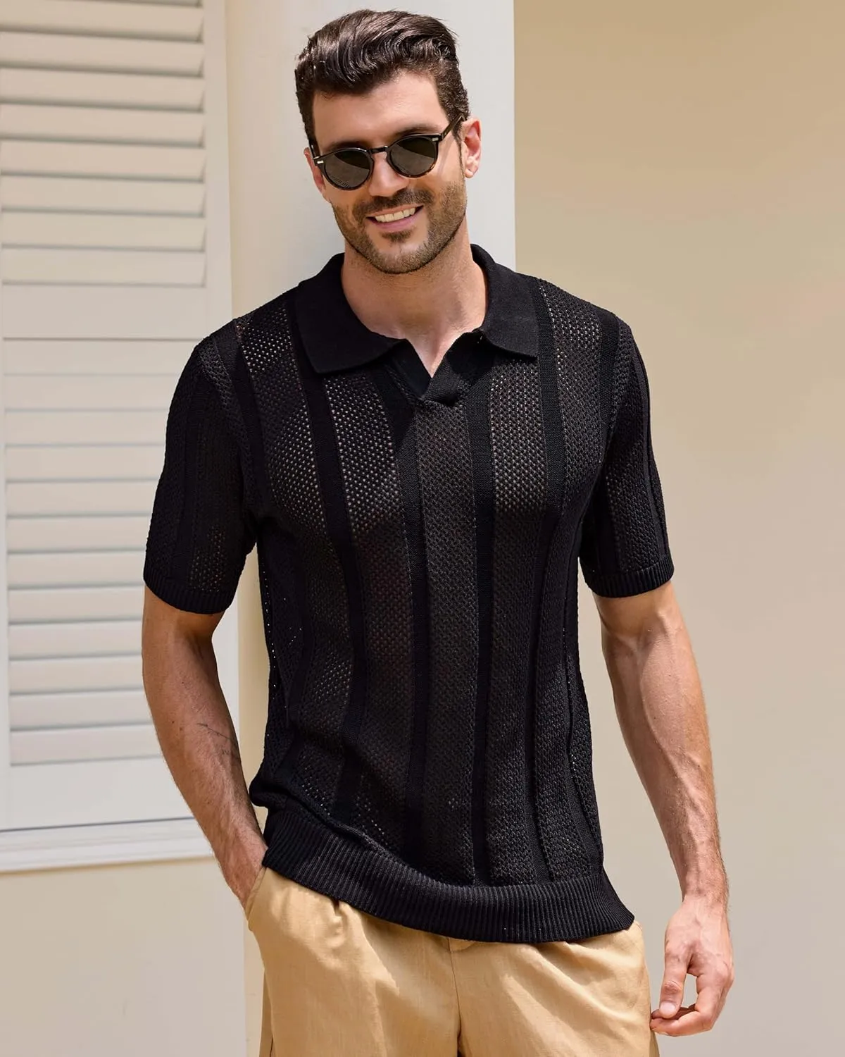 Kallspin Men's Knit Polo Shirt Casual Summer Beach Shirt Short Sleeve Textured Cotton Polo