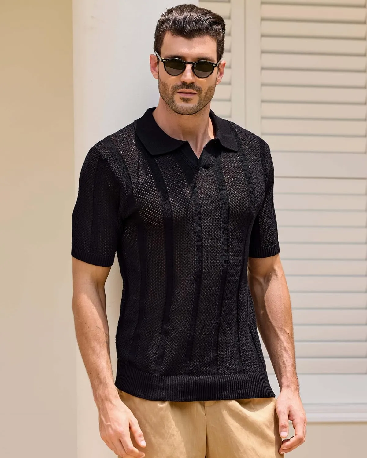 Kallspin Men's Knit Polo Shirt Casual Summer Beach Shirt Short Sleeve Textured Cotton Polo