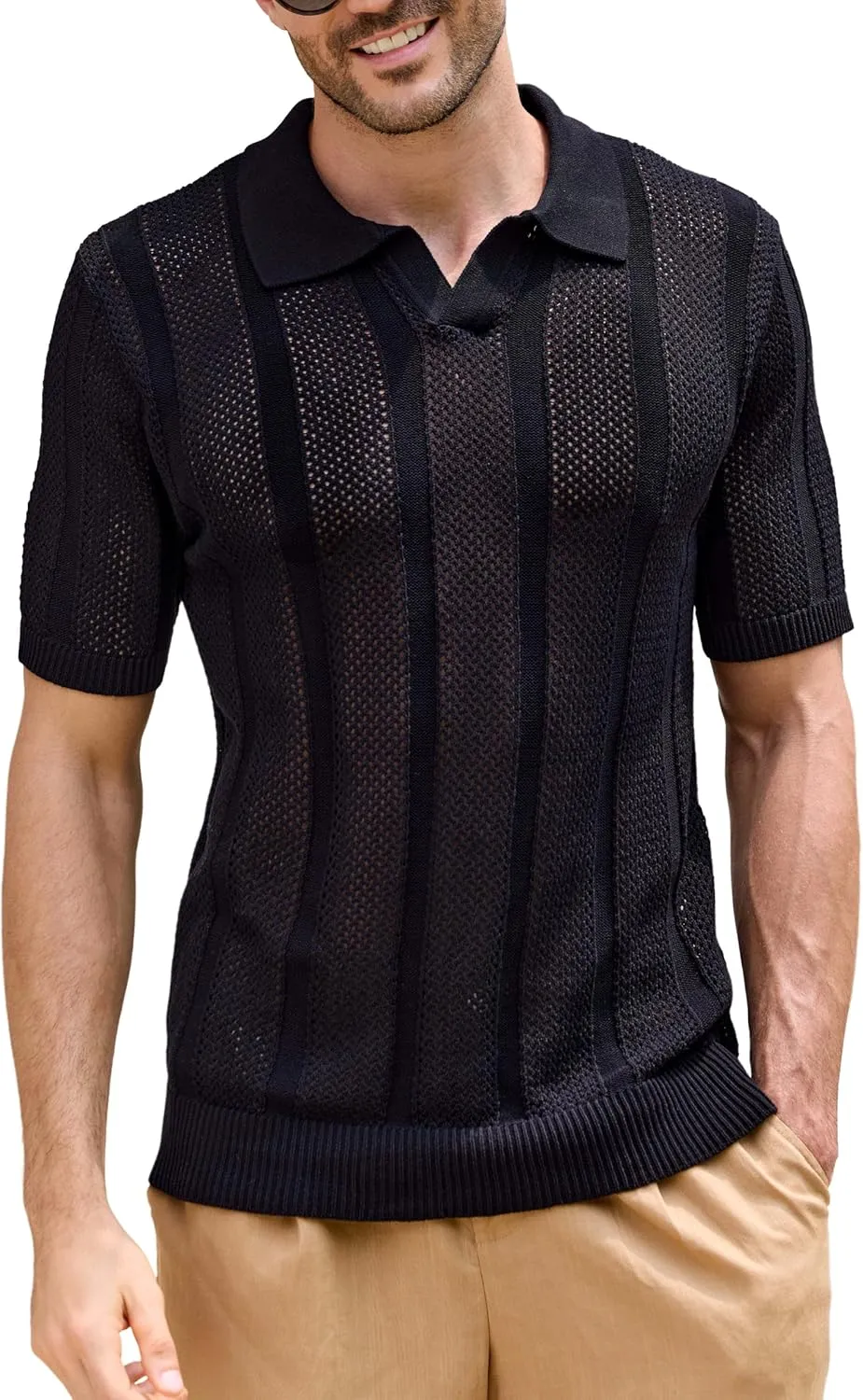 Kallspin Men's Knit Polo Shirt Casual Summer Beach Shirt Short Sleeve Textured Cotton Polo