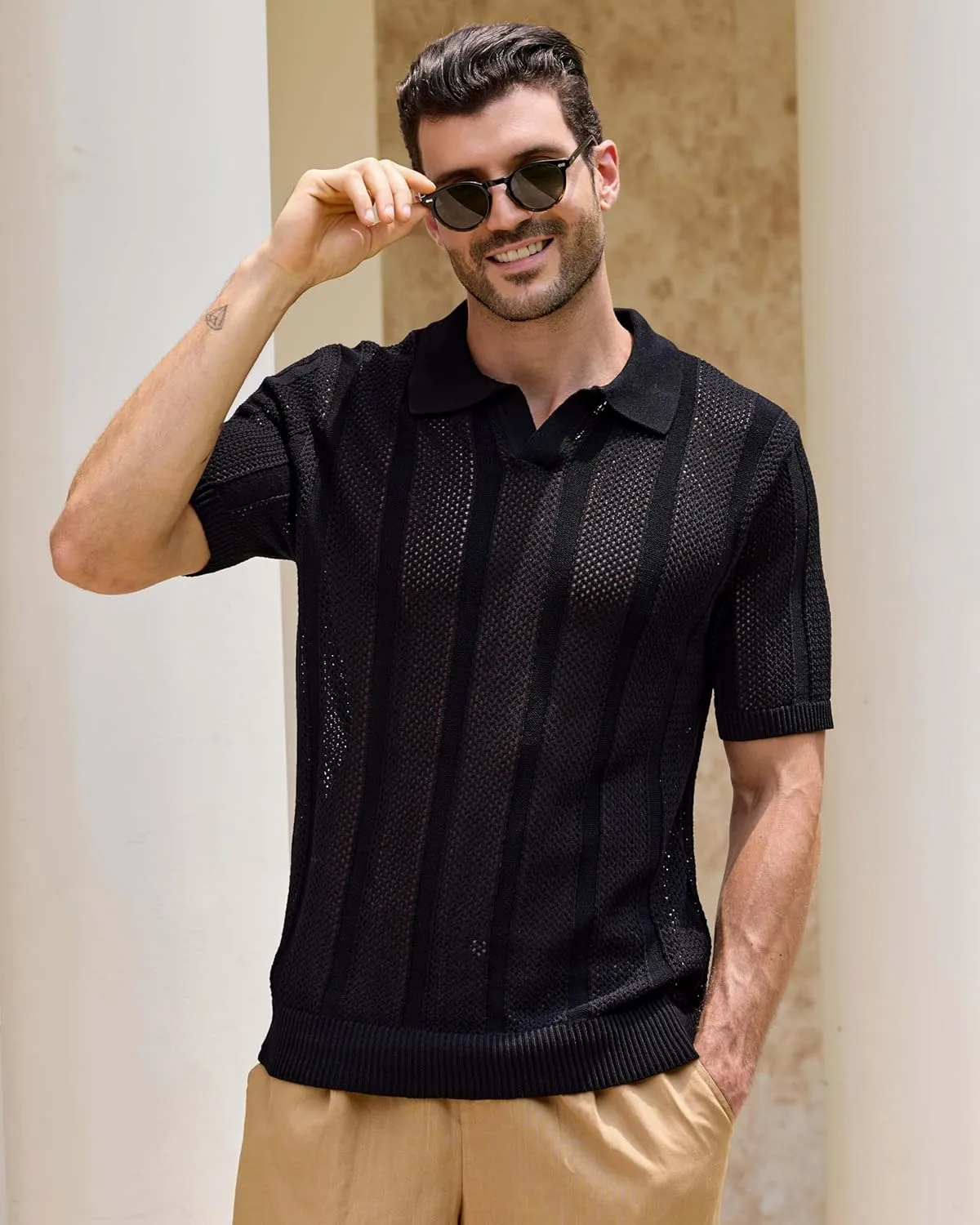 Kallspin Men's Knit Polo Shirt Casual Summer Beach Shirt Short Sleeve Textured Cotton Polo