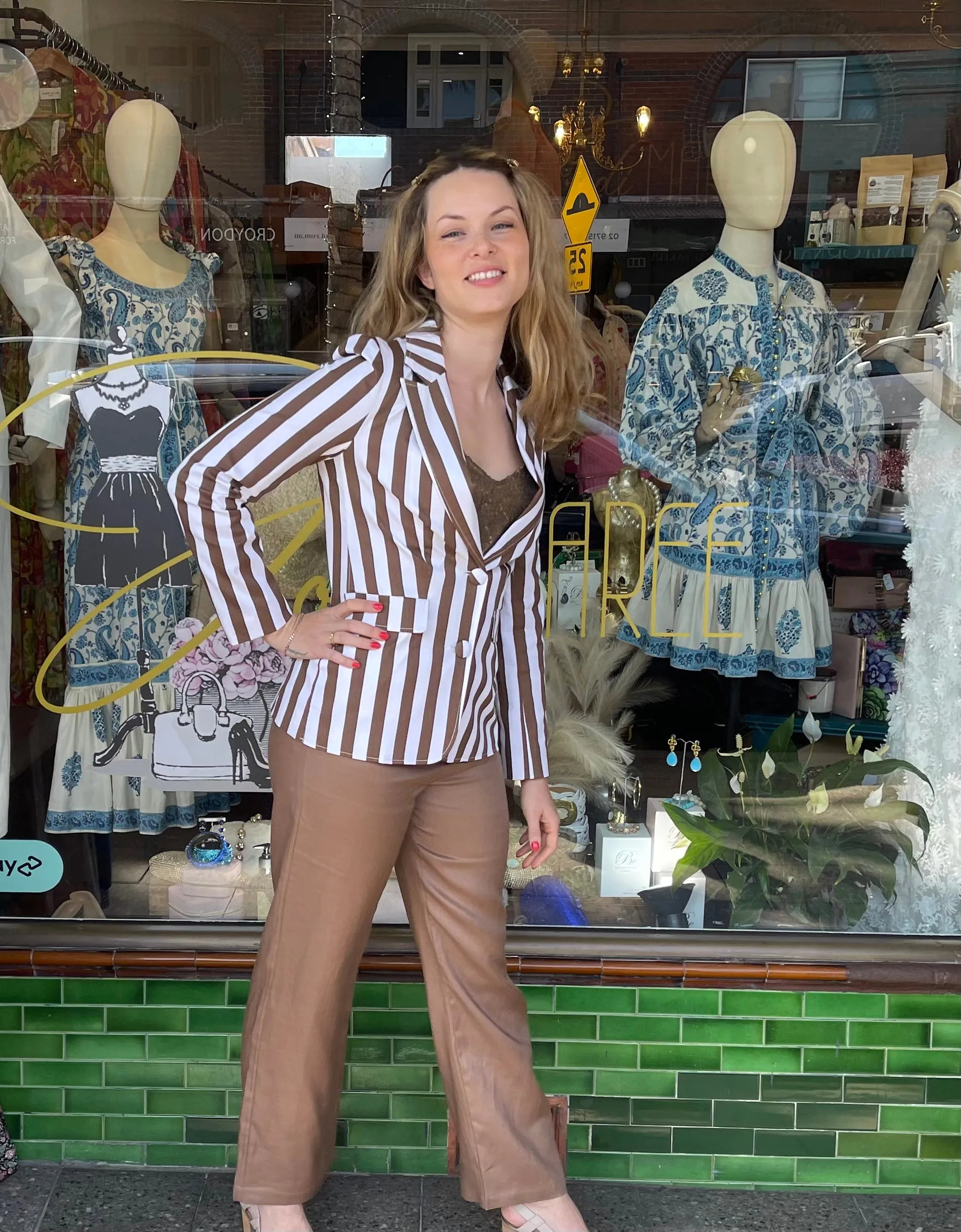 Kamare Vi Jacket - Stripe Cotton Elastane - Brown / White