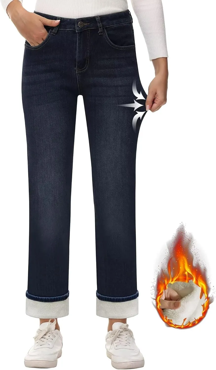 KDF Women's Fleece Lined Jeans Women Straight Leg Winter Fleece Lined Pants High Waist Lined Jeans Heated Denim Pants