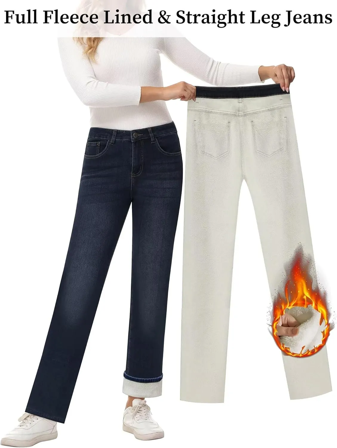 KDF Women's Fleece Lined Jeans Women Straight Leg Winter Fleece Lined Pants High Waist Lined Jeans Heated Denim Pants