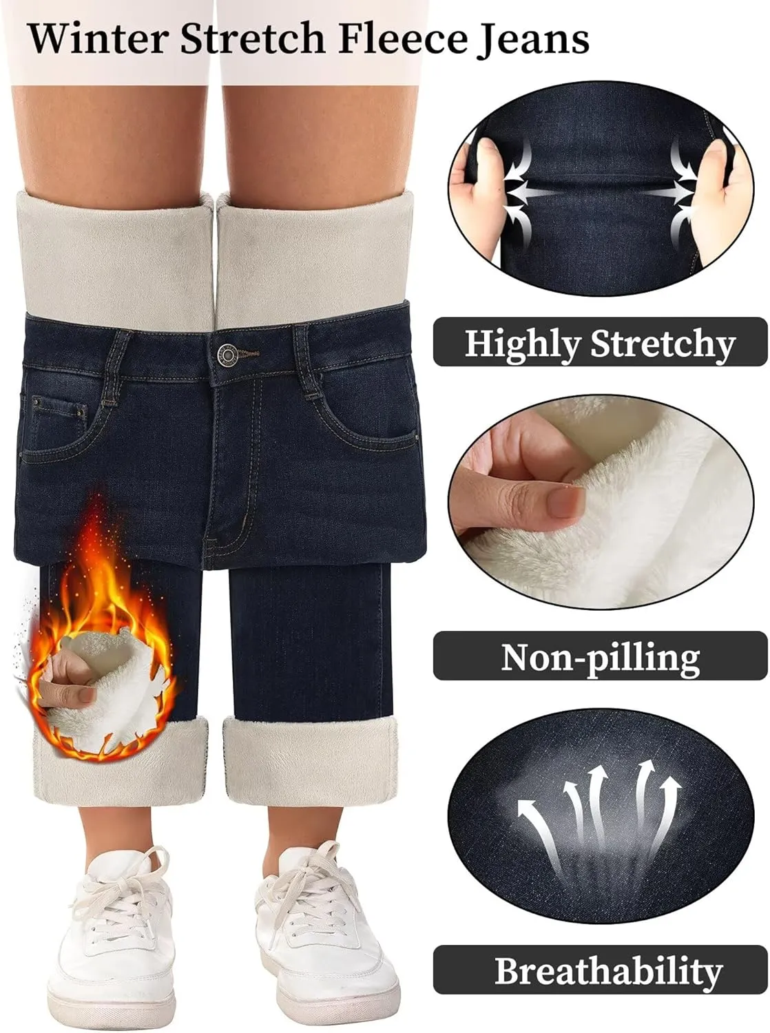 KDF Women's Fleece Lined Jeans Women Straight Leg Winter Fleece Lined Pants High Waist Lined Jeans Heated Denim Pants