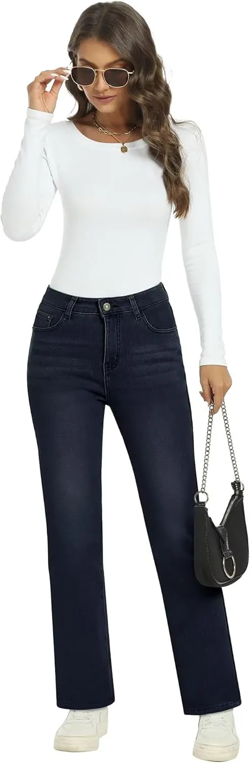 KDF Women's Fleece Lined Jeans Women Straight Leg Winter Fleece Lined Pants High Waist Lined Jeans Heated Denim Pants