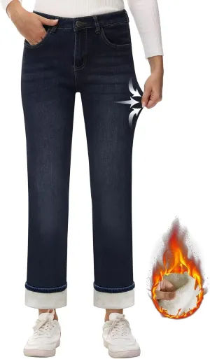 KDF Women's Fleece Lined Jeans Women Straight Leg Winter Fleece Lined Pants High Waist Lined Jeans Heated Denim Pants