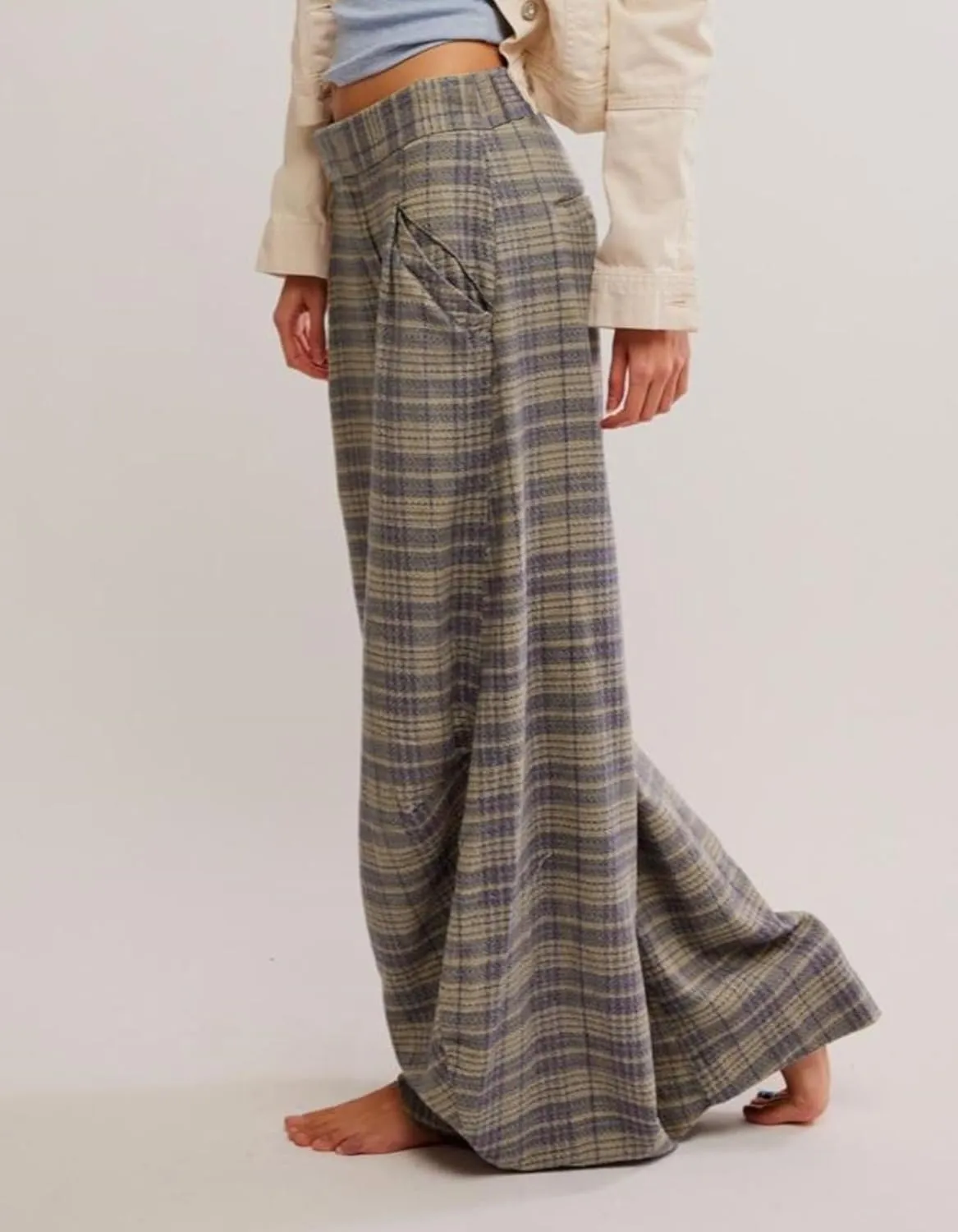 Kedera Women Vintage Tartan Plaid Print Wide Leg Pants High Waisted Baggy Trousers Casual Business Work Slacks