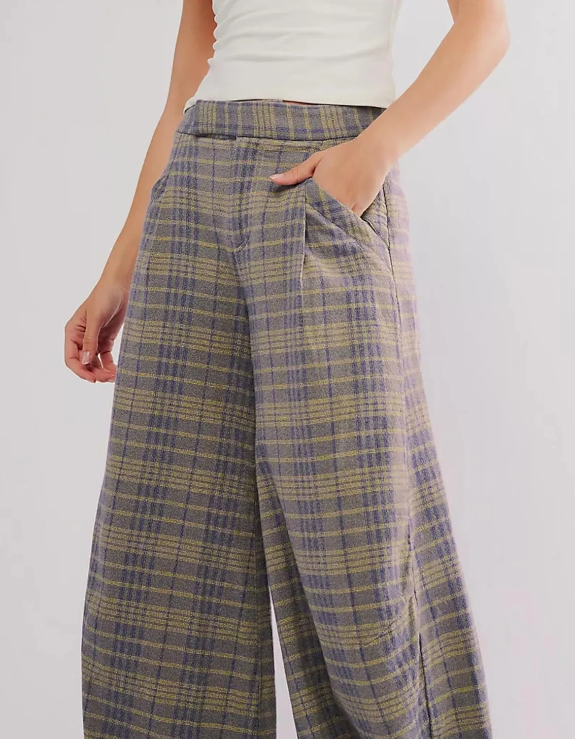 Kedera Women Vintage Tartan Plaid Print Wide Leg Pants High Waisted Baggy Trousers Casual Business Work Slacks