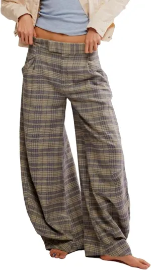 Kedera Women Vintage Tartan Plaid Print Wide Leg Pants High Waisted Baggy Trousers Casual Business Work Slacks