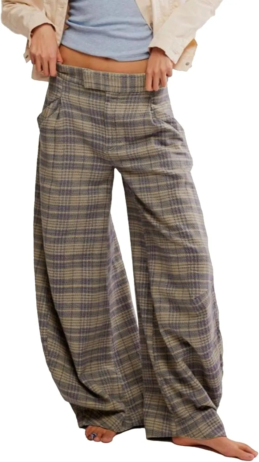 Kedera Women Vintage Tartan Plaid Print Wide Leg Pants High Waisted Baggy Trousers Casual Business Work Slacks