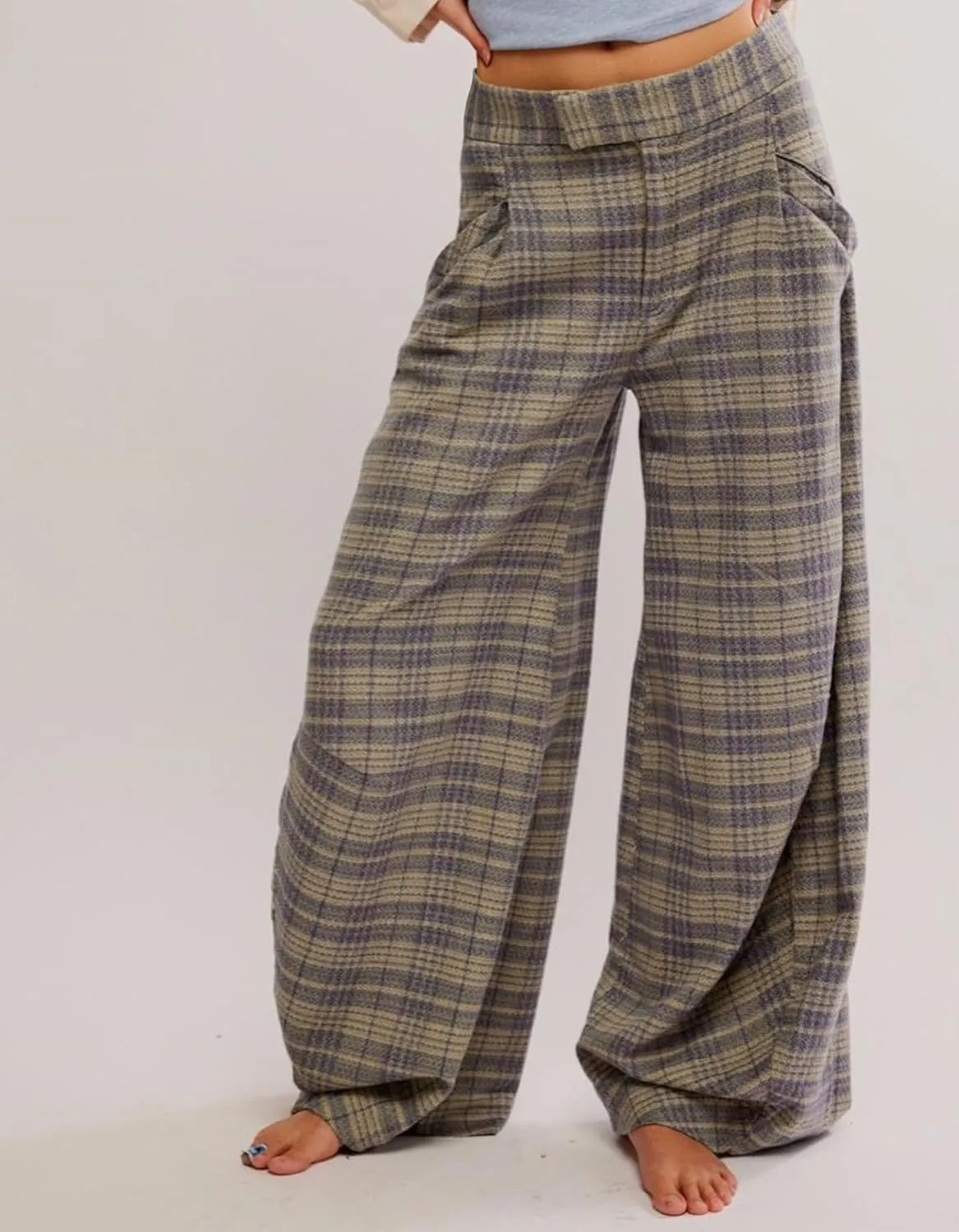 Kedera Women Vintage Tartan Plaid Print Wide Leg Pants High Waisted Baggy Trousers Casual Business Work Slacks