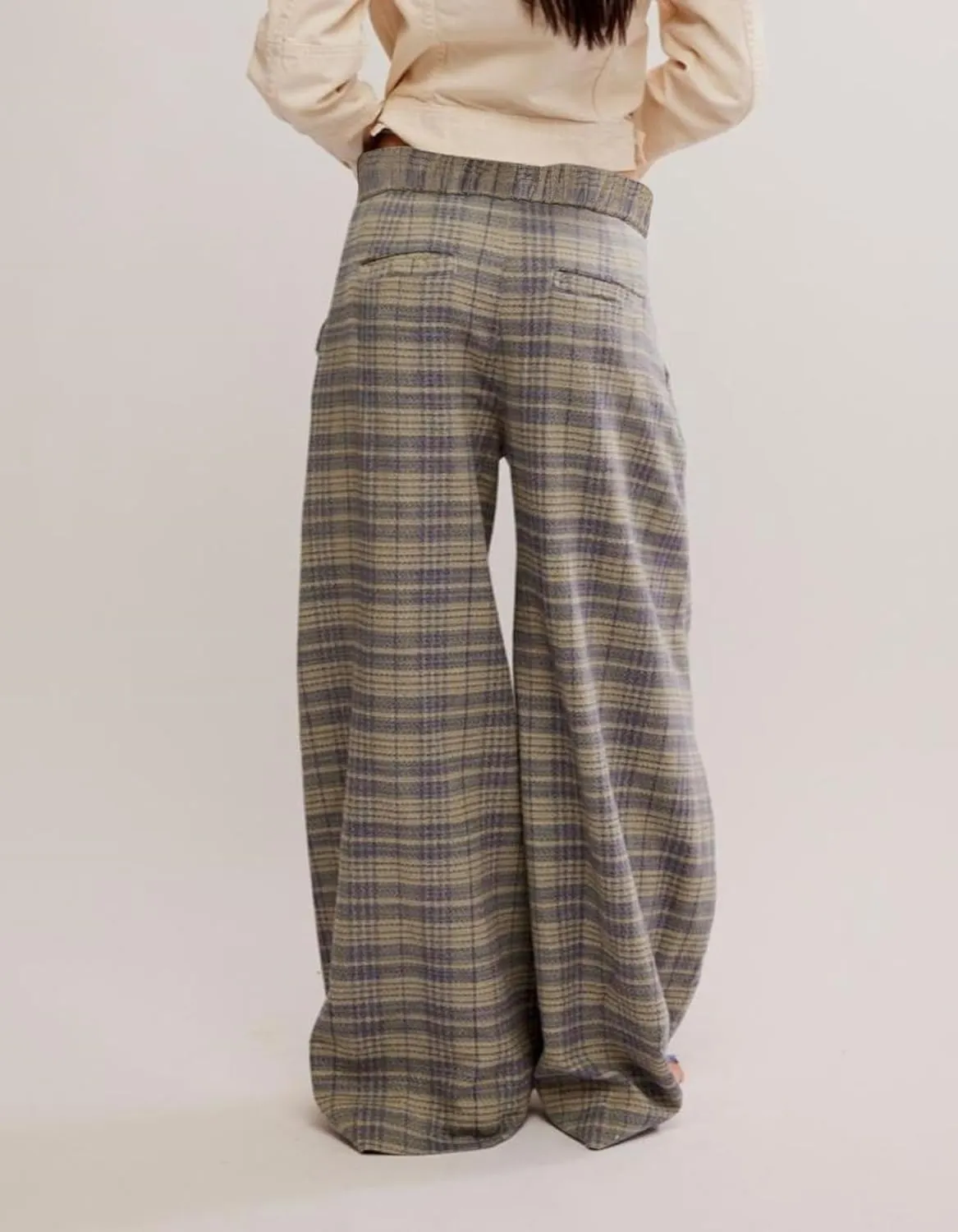 Kedera Women Vintage Tartan Plaid Print Wide Leg Pants High Waisted Baggy Trousers Casual Business Work Slacks