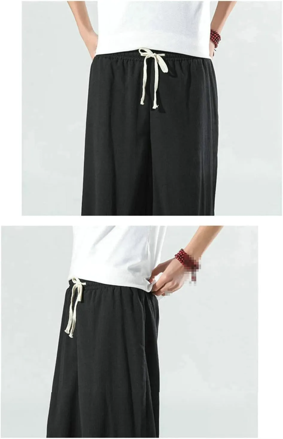 keusyoi Summer Calf-Length Pants Casual Men's Pants Wide Leg Cotton Linen Harem Pants Men's Baggy Beach Pants