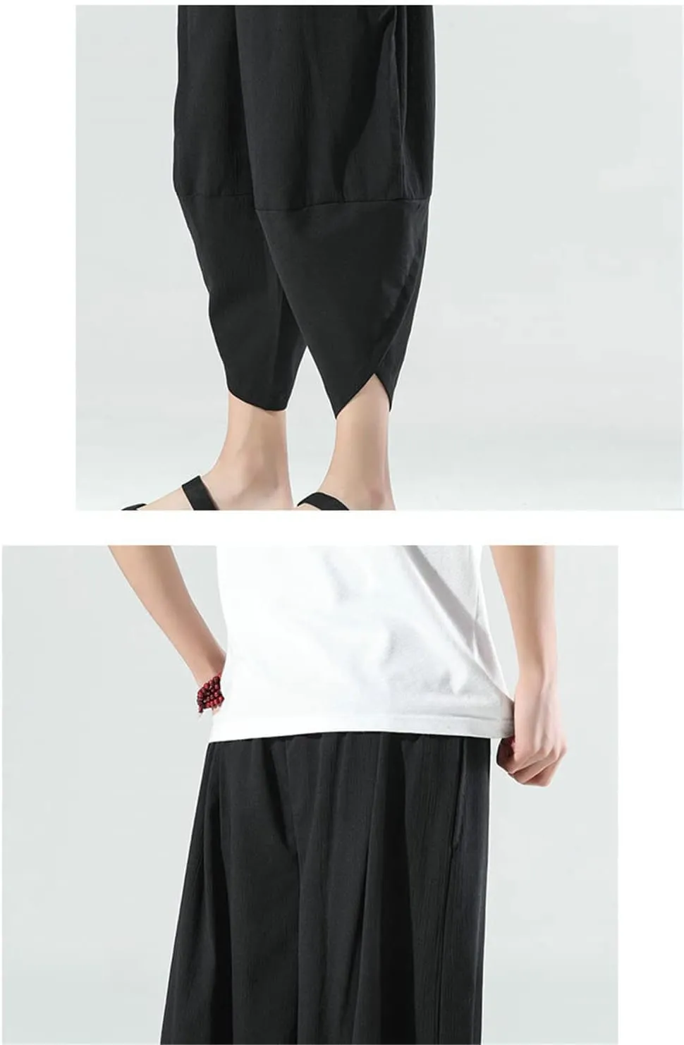 keusyoi Summer Calf-Length Pants Casual Men's Pants Wide Leg Cotton Linen Harem Pants Men's Baggy Beach Pants