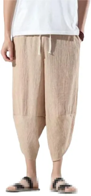 keusyoi Summer Calf-Length Pants Casual Men's Pants Wide Leg Cotton Linen Harem Pants Men's Baggy Beach Pants