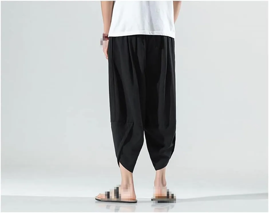 keusyoi Summer Calf-Length Pants Casual Men's Pants Wide Leg Cotton Linen Harem Pants Men's Baggy Beach Pants