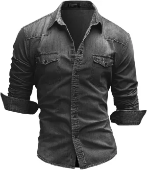 Kinkia Men's Long Sleeve Denim Shirt Casual Snap Button Down Slim Fit Ripped Shirt Jacket