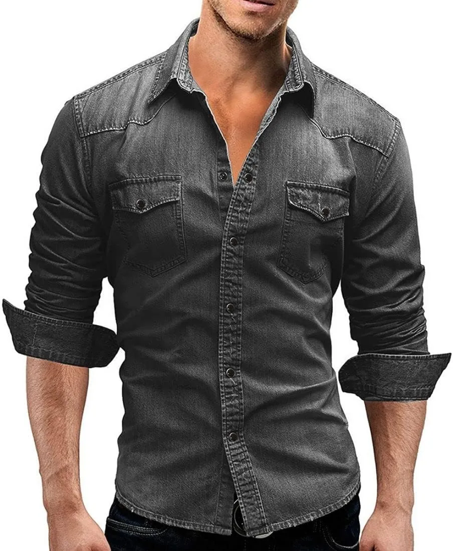Kinkia Men's Long Sleeve Denim Shirt Casual Snap Button Down Slim Fit Ripped Shirt Jacket