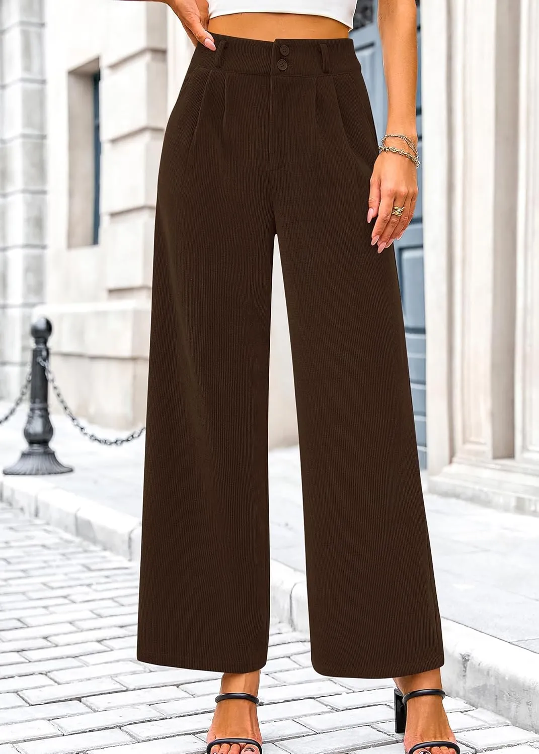 KIRUNDO Corduroy Pants Women High Waisted Wide Leg Pants Business Casual Fall Winter Straight Loose Trousers with Pockets