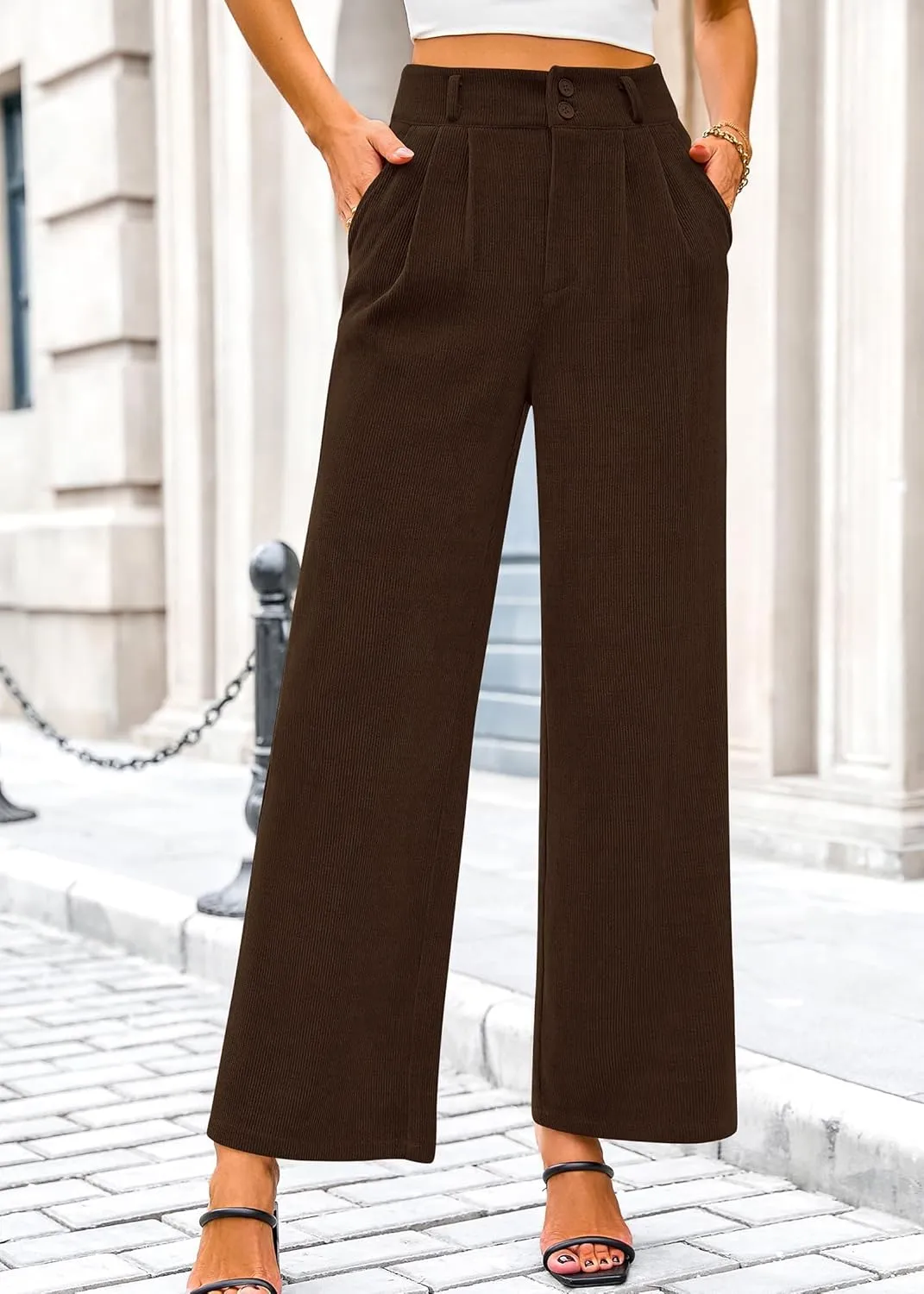 KIRUNDO Corduroy Pants Women High Waisted Wide Leg Pants Business Casual Fall Winter Straight Loose Trousers with Pockets