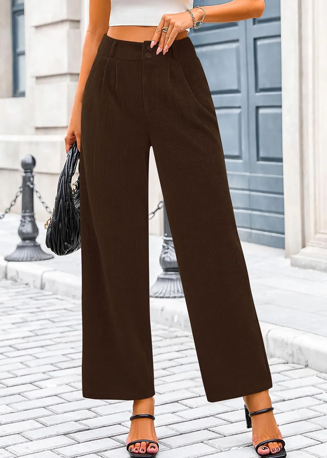 KIRUNDO Corduroy Pants Women High Waisted Wide Leg Pants Business Casual Fall Winter Straight Loose Trousers with Pockets