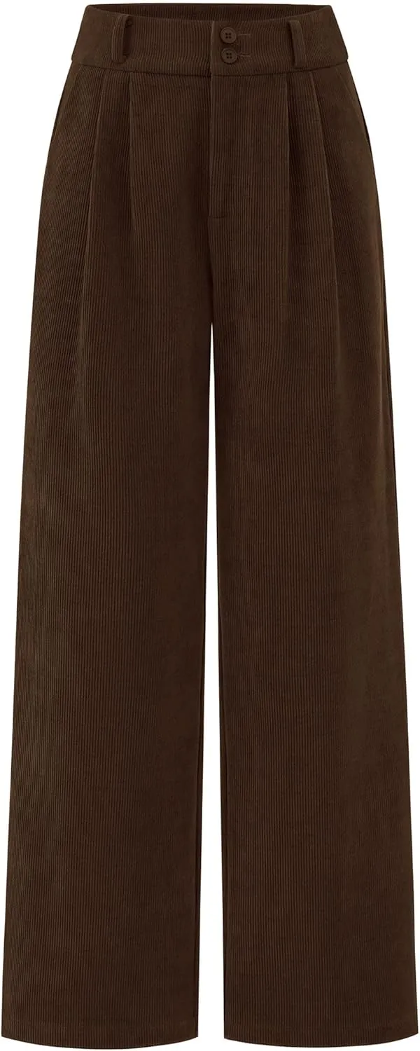 KIRUNDO Corduroy Pants Women High Waisted Wide Leg Pants Business Casual Fall Winter Straight Loose Trousers with Pockets
